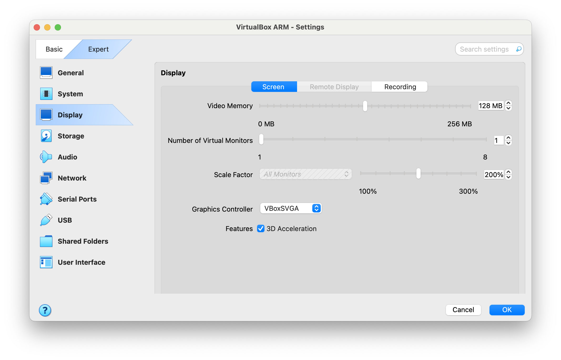 The main Settings dialog box in VirtualBox